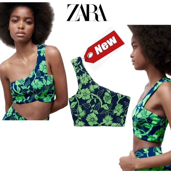 Zara navy blue fluorescent neon green floral flower one shoulder crop top Sz M - Picture 9 of 9